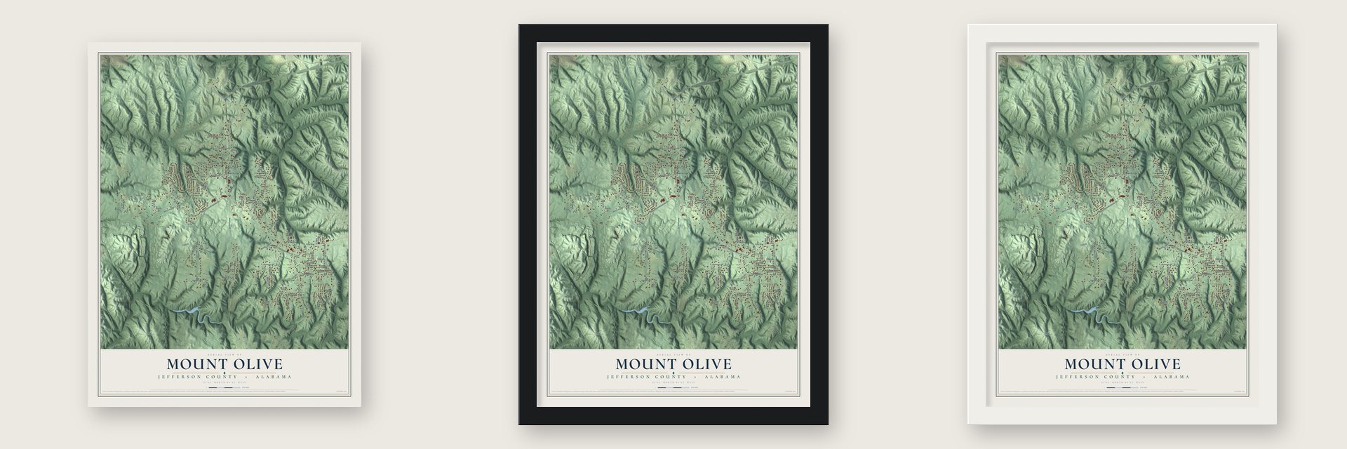 Mount Olive, Jefferson County, Alabama map unframed, in a black wood frame and in a white wood frame