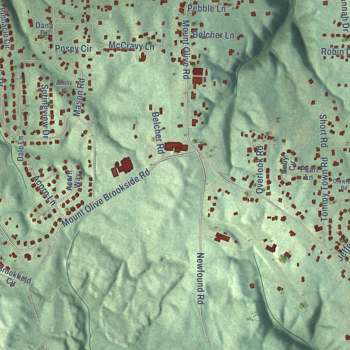 Second close-up of the map of Mount Olive, Jefferson County, Alabama print showing more streets and buildings