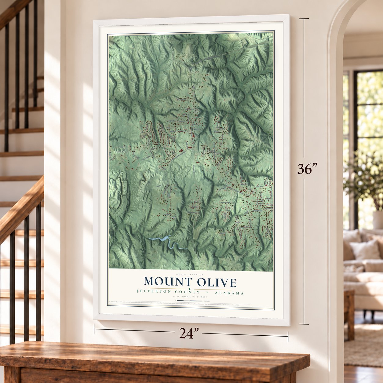 Mount Olive, Jefferson County, Alabama map, 24 x 36 inch print in a white frame by a staircase