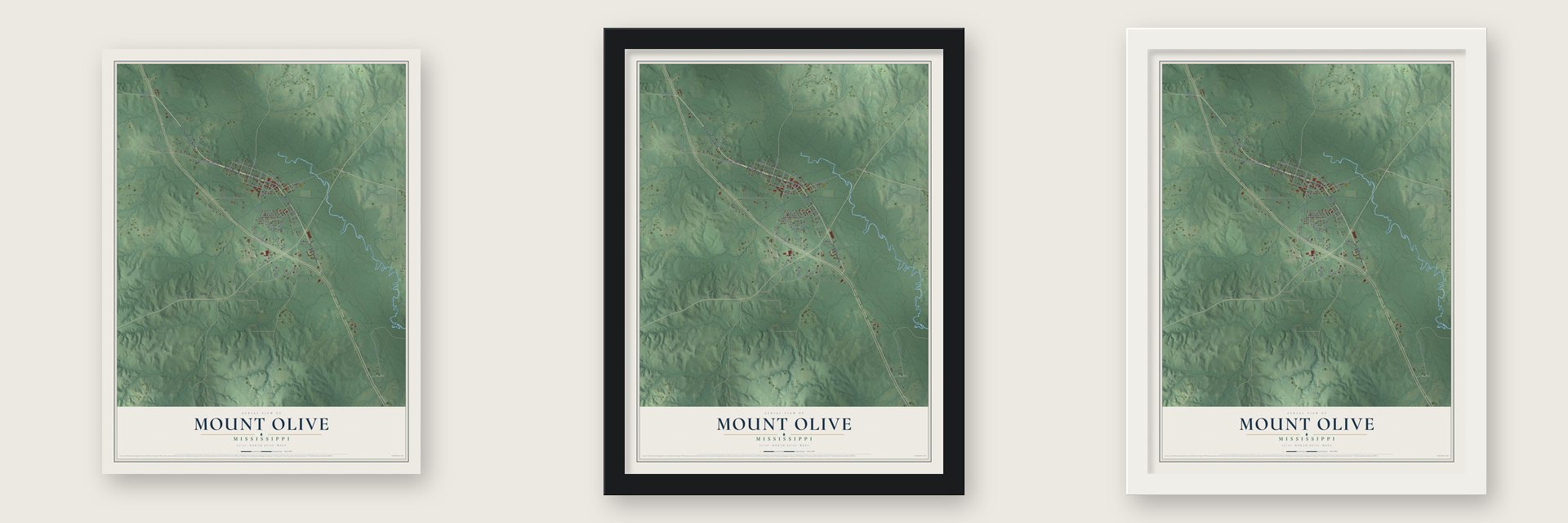 Mount Olive, Mississippi map unframed, in a black wood frame and in a white wood frame