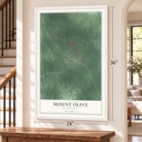 Mount Olive, Mississippi map, 24 x 36 inch print in a white frame by a staircase