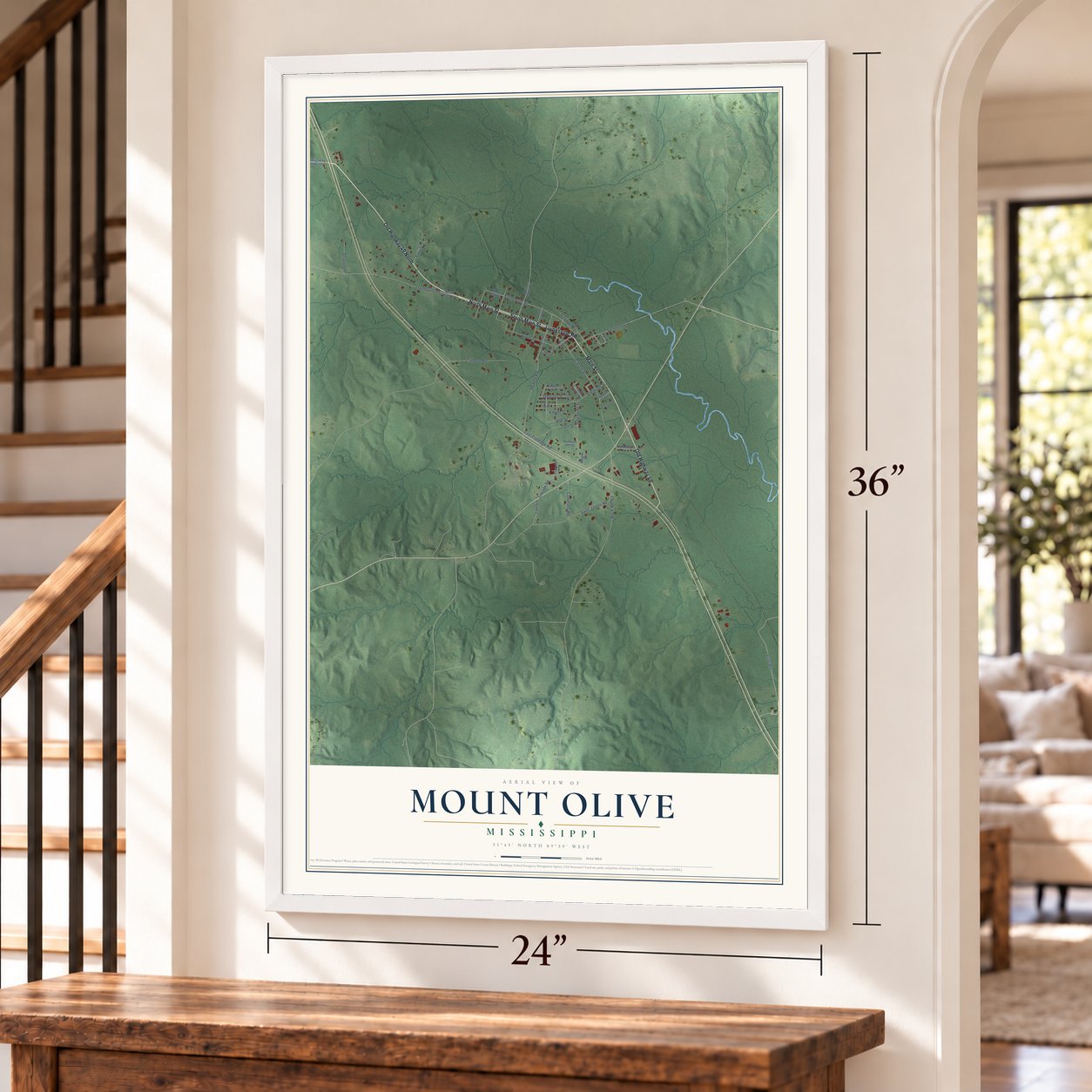 Mount Olive, Mississippi map, 24 x 36 inch print in a white frame by a staircase