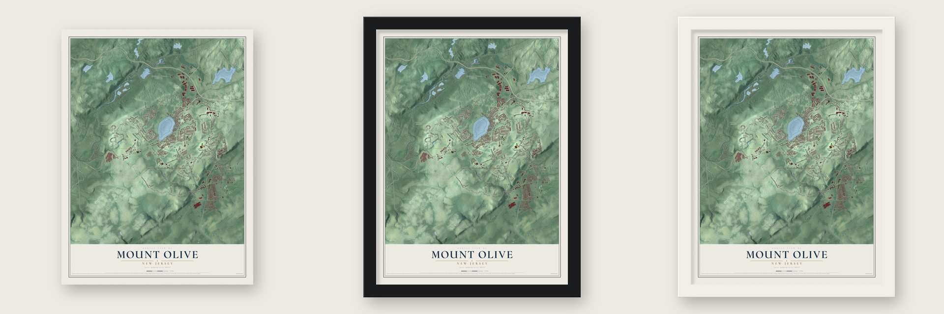 Mount Olive, New Jersey map unframed, in a black wood frame and in a white wood frame
