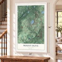 Mount Olive, New Jersey map, 24 x 36 inch print in a white frame by a staircase