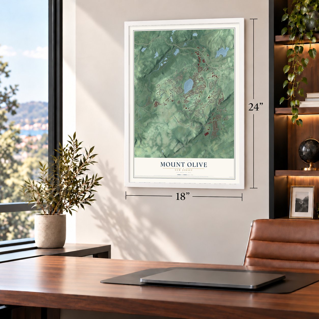 Mount Olive, New Jersey map, 18 x 24 inch print in a white frame in a home office