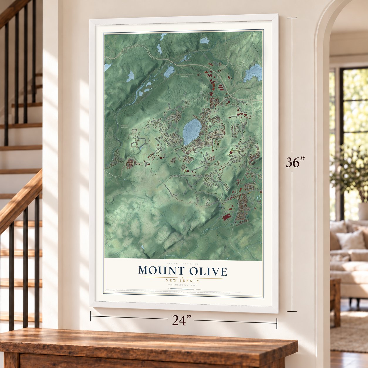 Mount Olive, New Jersey map, 24 x 36 inch print in a white frame by a staircase