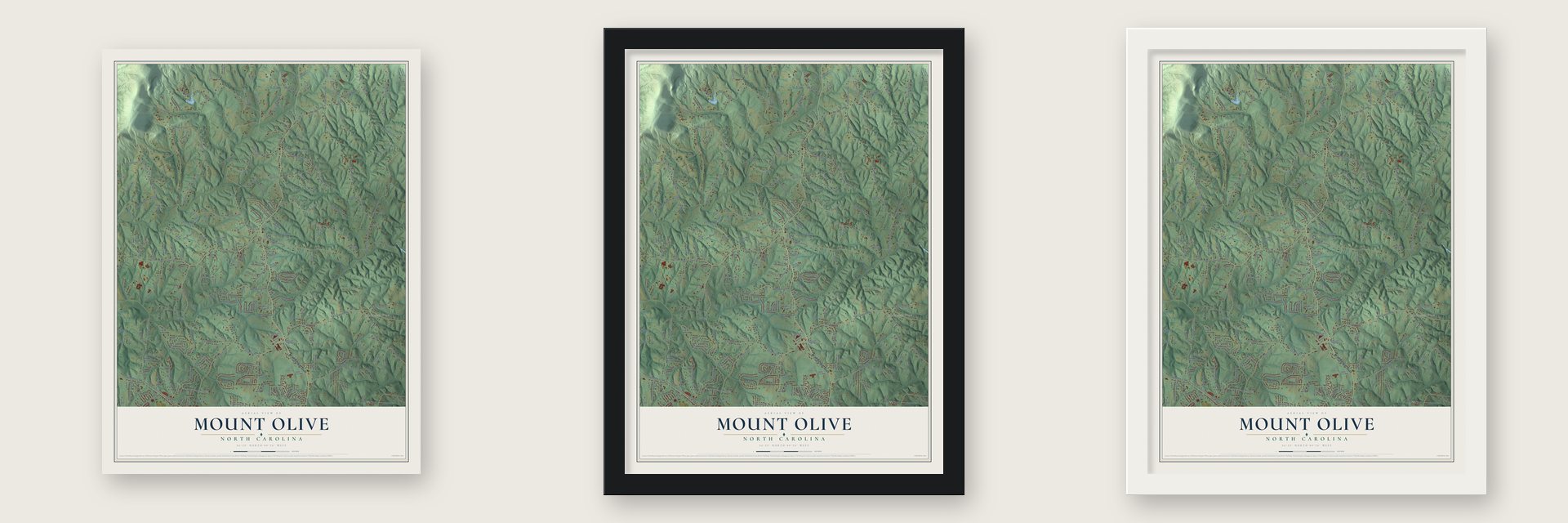 Mount Olive, Stokes County, North Carolina map unframed, in a black wood frame and in a white wood frame