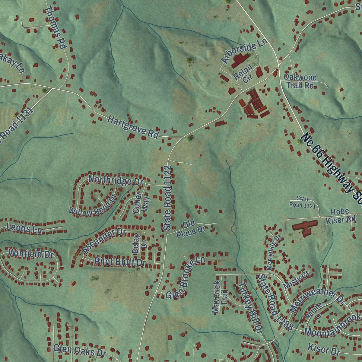 Second close-up of the map of Mount Olive, Stokes County, North Carolina print showing more streets and buildings