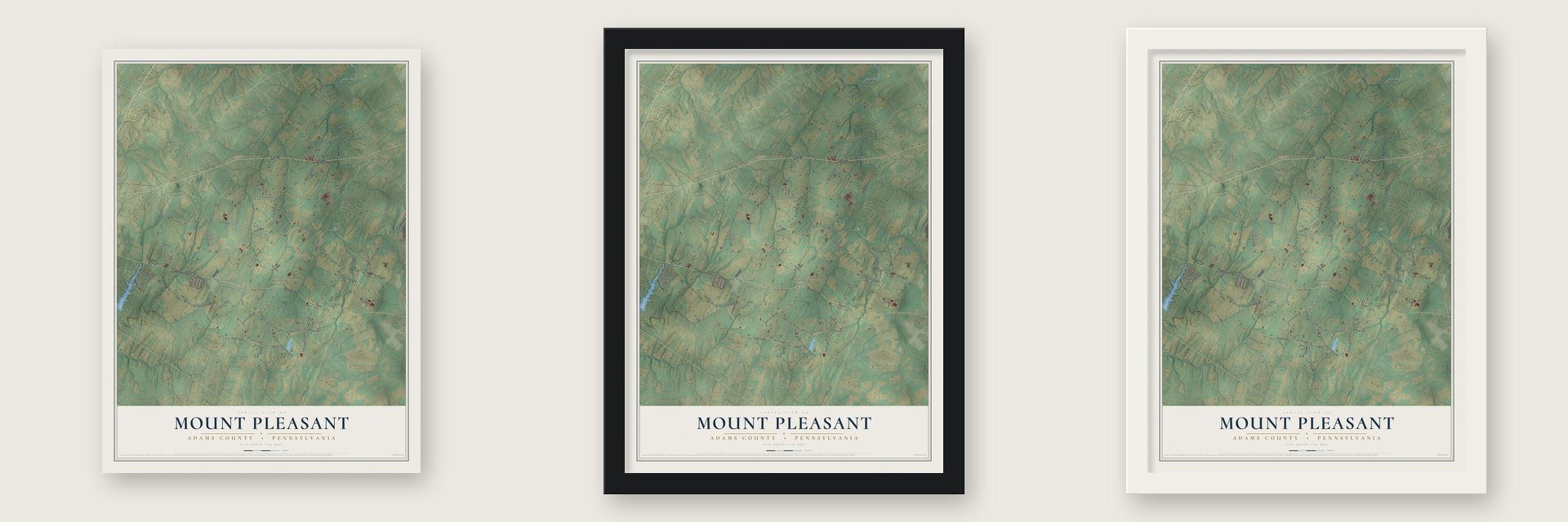 Mount Pleasant, Adams County, Pennsylvania map unframed, in a black wood frame and in a white wood frame