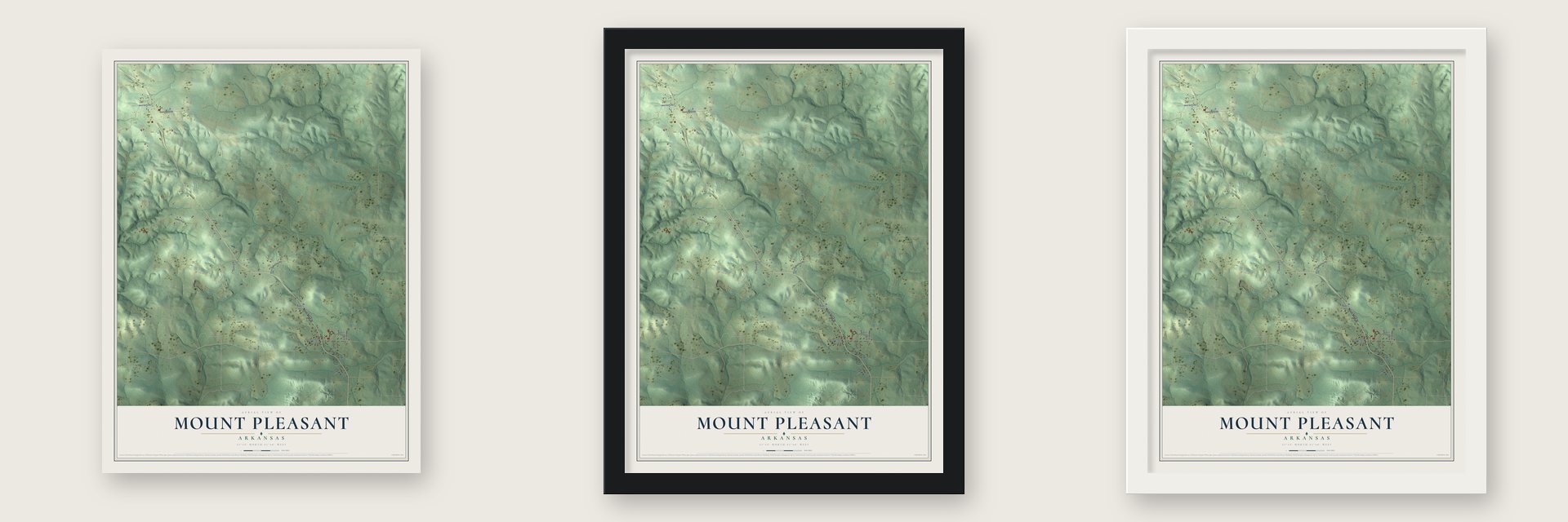 Mount Pleasant, Arkansas map unframed, in a black wood frame and in a white wood frame