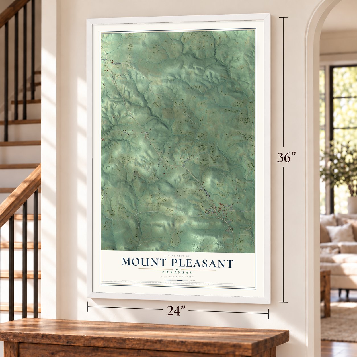 Mount Pleasant, Arkansas map, 24 x 36 inch print in a white frame by a staircase