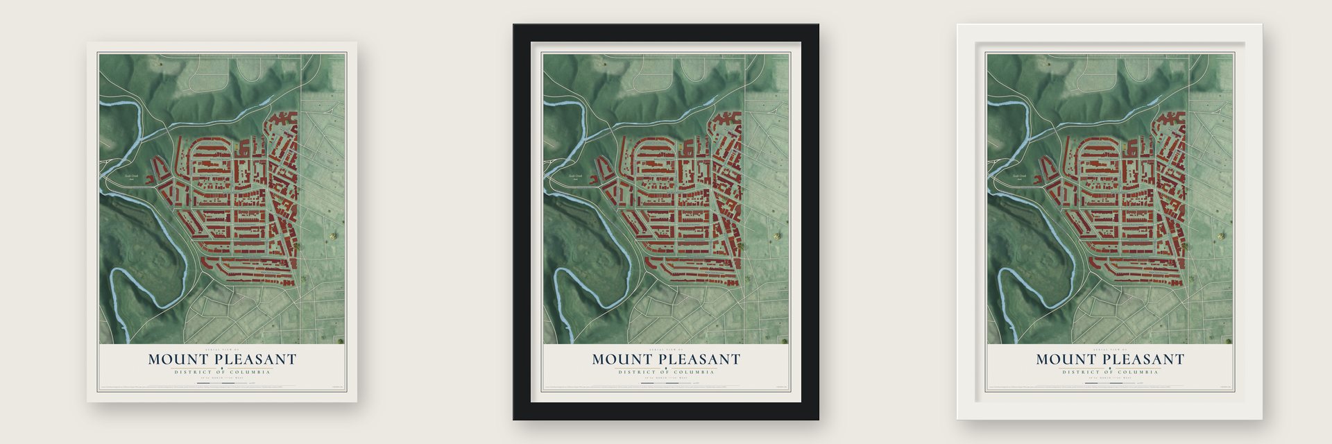 Mount Pleasant, District of Columbia map unframed, in a black wood frame and in a white wood frame
