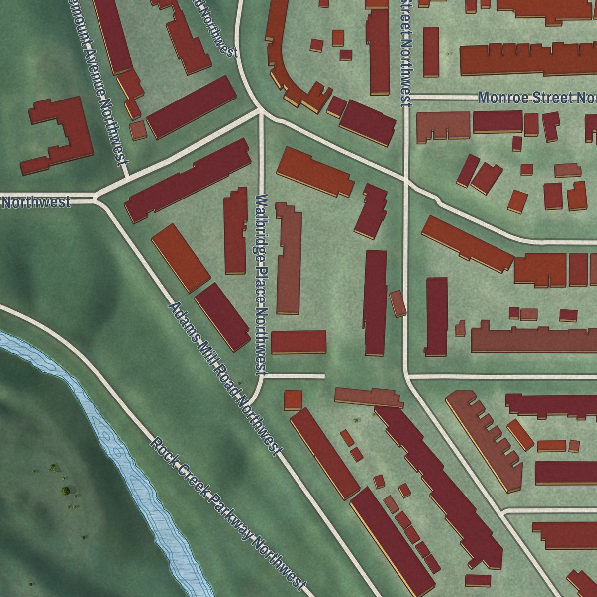 Second close-up of the map of Mount Pleasant, District of Columbia print showing more streets and buildings