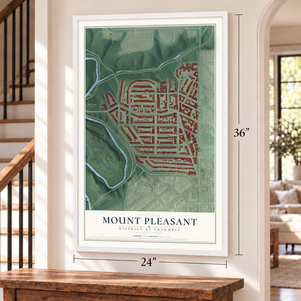 Mount Pleasant, District of Columbia map, 24 x 36 inch print in a white frame by a staircase