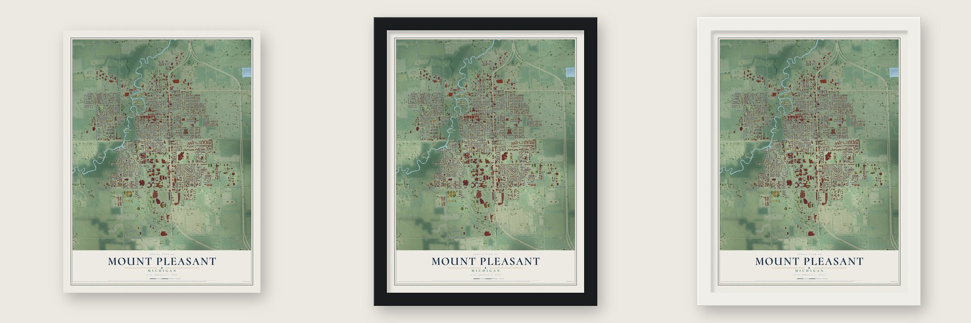 Mount Pleasant, Michigan map unframed, in a black wood frame and in a white wood frame