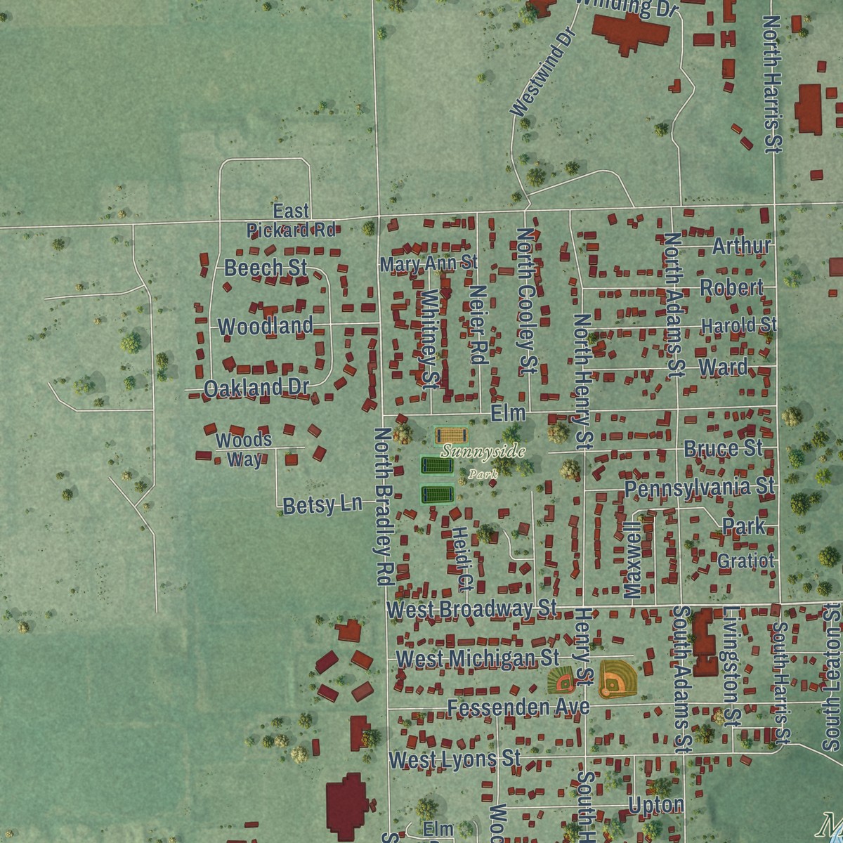Second close-up of the map of Mount Pleasant, Michigan print showing more streets and buildings