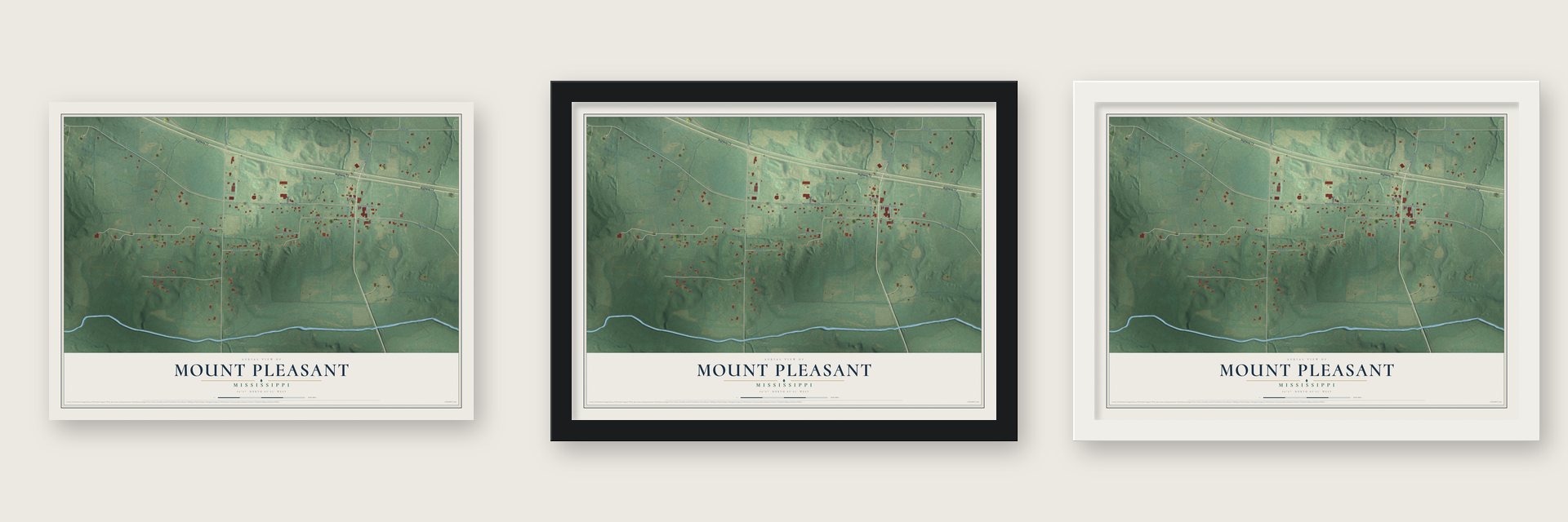Mount Pleasant, Mississippi map unframed, in a black wood frame and in a white wood frame