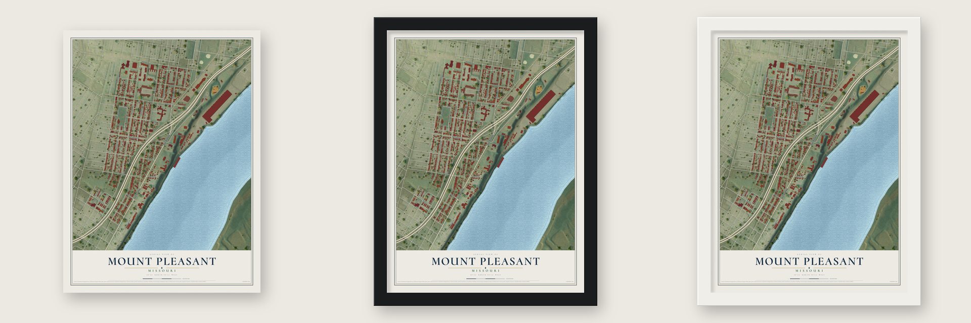 Mount Pleasant, Missouri map unframed, in a black wood frame and in a white wood frame