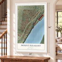 Mount Pleasant, Missouri map, 24 x 36 inch print in a white frame by a staircase