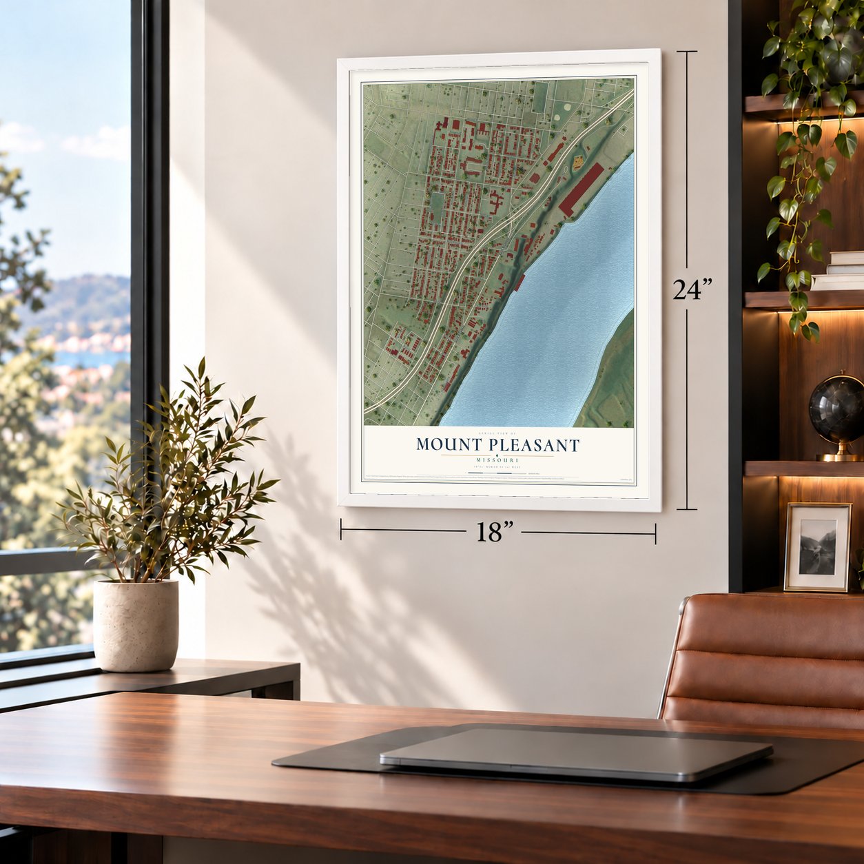 Mount Pleasant, Missouri map, 18 x 24 inch print in a white frame in a home office