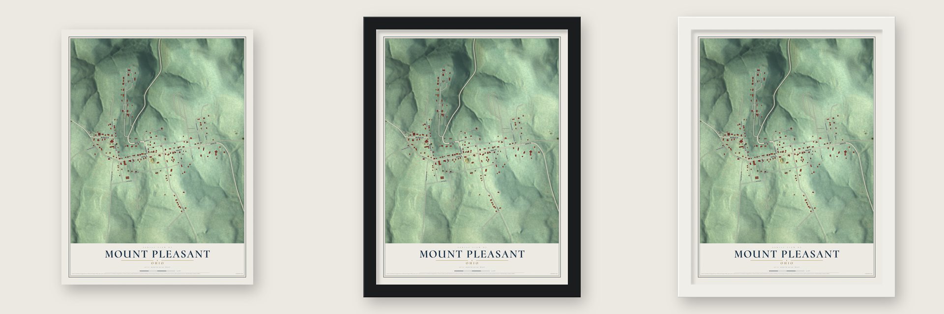 Mount Pleasant, Ohio map unframed, in a black wood frame and in a white wood frame