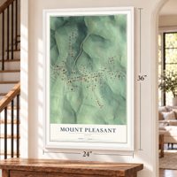 Mount Pleasant, Ohio map, 24 x 36 inch print in a white frame by a staircase