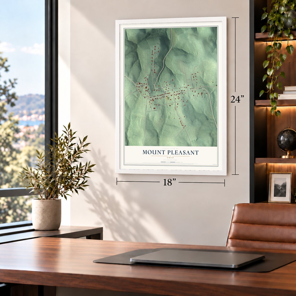 Mount Pleasant, Ohio map, 18 x 24 inch print in a white frame in a home office