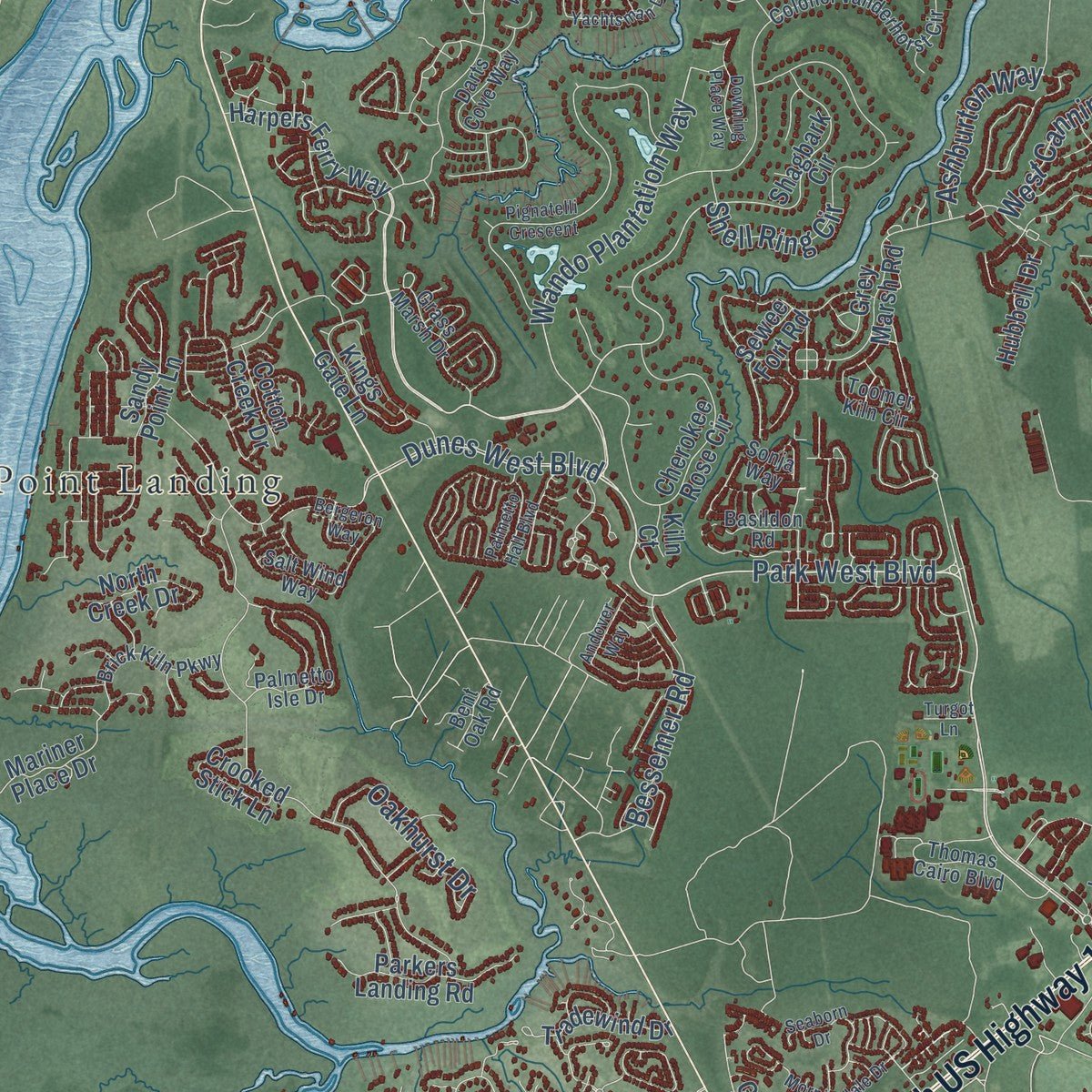 Second close-up of the map of Mount Pleasant, South Carolina print showing more streets and buildings