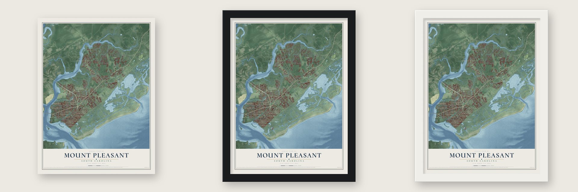 Mount Pleasant, South Carolina map unframed, in a black wood frame and in a white wood frame