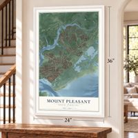 Mount Pleasant, South Carolina map, 24 x 36 inch print in a white frame by a staircase