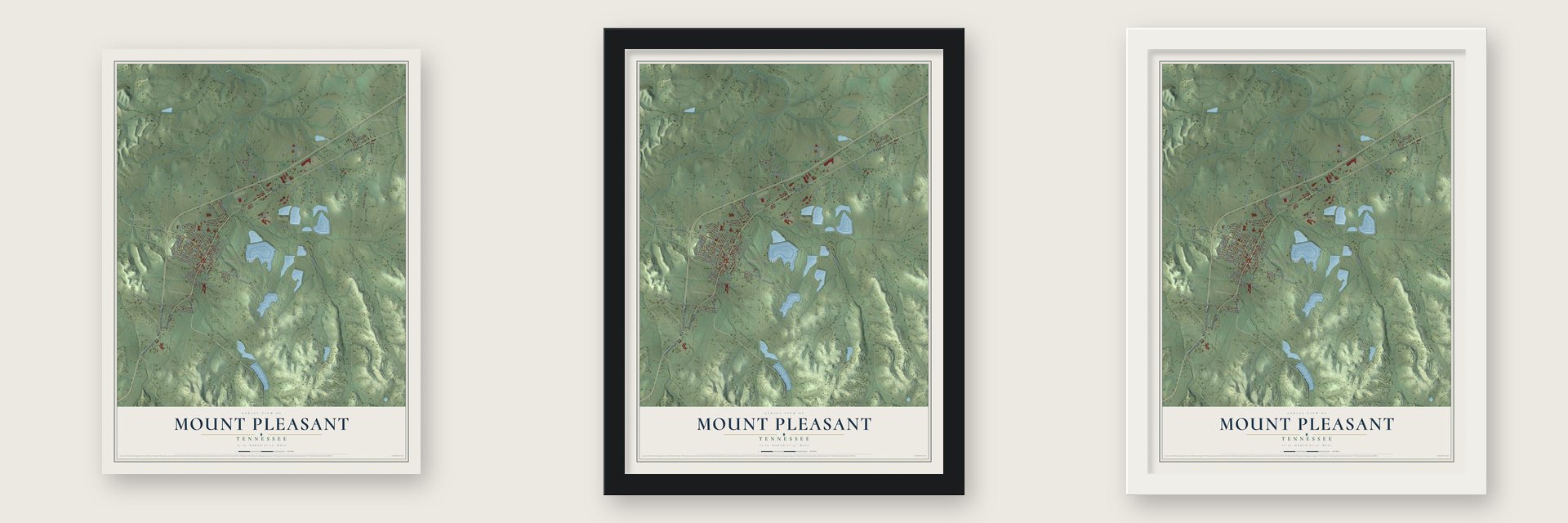Mount Pleasant, Tennessee map unframed, in a black wood frame and in a white wood frame