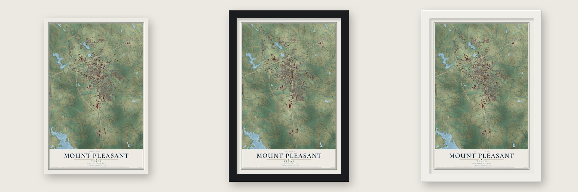 Mount Pleasant, Texas map unframed, in a black wood frame and in a white wood frame