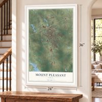 Mount Pleasant, Texas map, 24 x 36 inch print in a white frame by a staircase