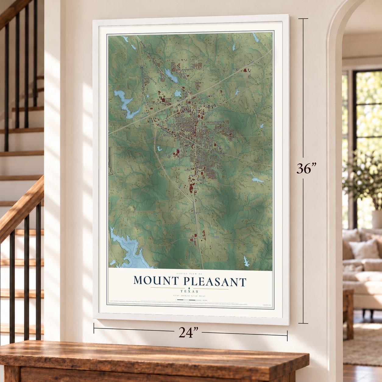 Mount Pleasant, Texas map, 24 x 36 inch print in a white frame by a staircase