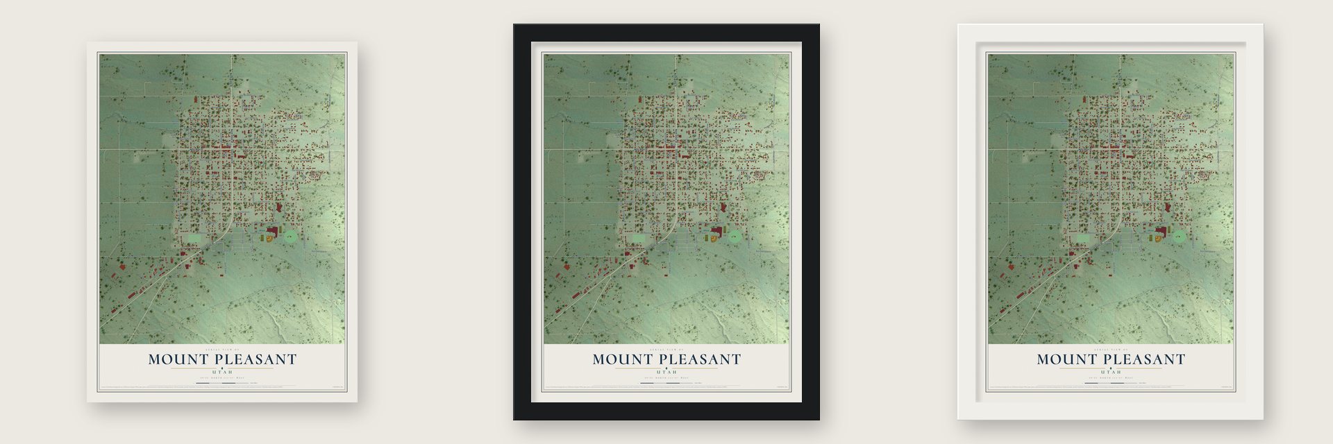 Mount Pleasant, Utah map unframed, in a black wood frame and in a white wood frame
