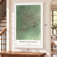 Mount Pleasant, Utah map, 24 x 36 inch print in a white frame by a staircase