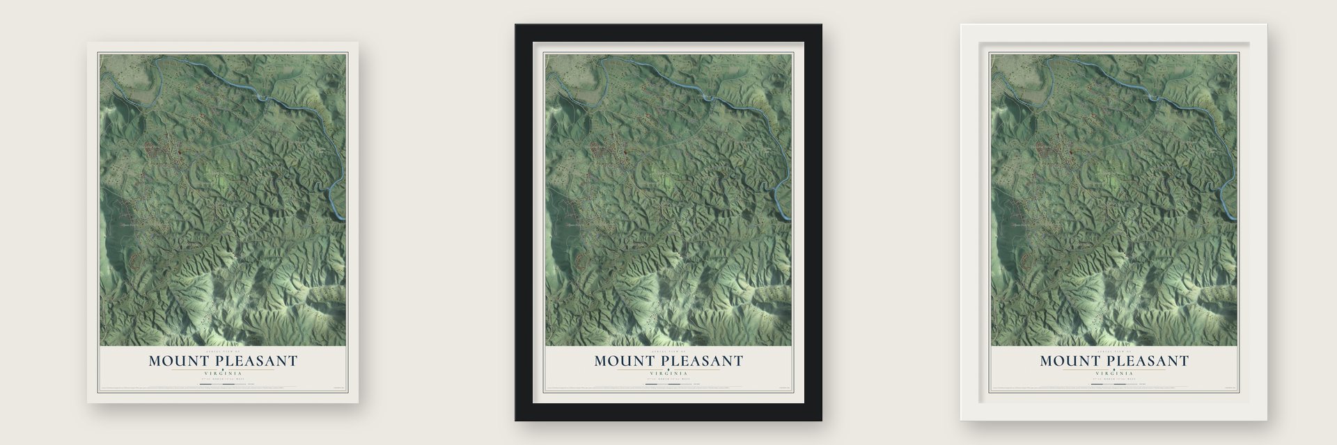 Mount Pleasant, Virginia map unframed, in a black wood frame and in a white wood frame