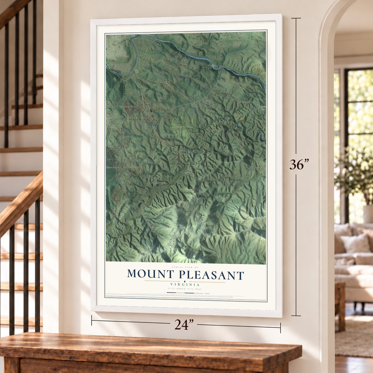 Mount Pleasant, Virginia map, 24 x 36 inch print in a white frame by a staircase