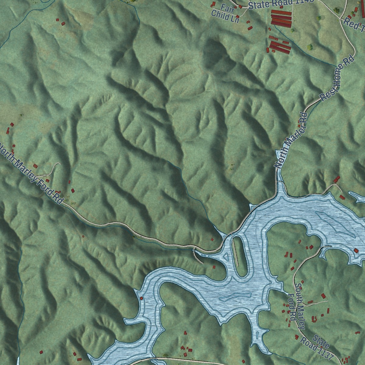 Second close-up of the map of Mount Pleasant, Wilkes County, North Carolina print showing more streets and buildings