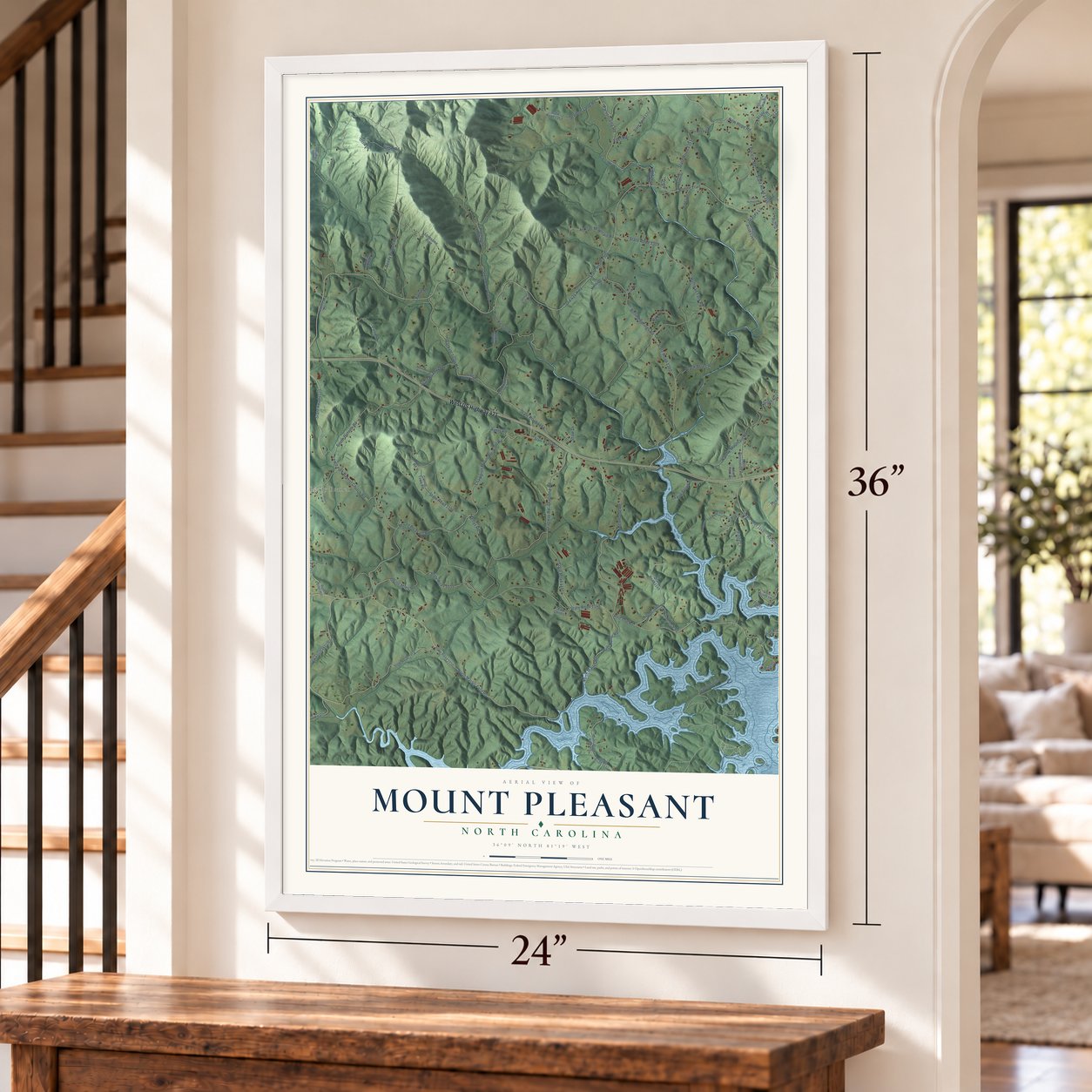 Mount Pleasant, Wilkes County, North Carolina map, 24 x 36 inch print in a white frame by a staircase