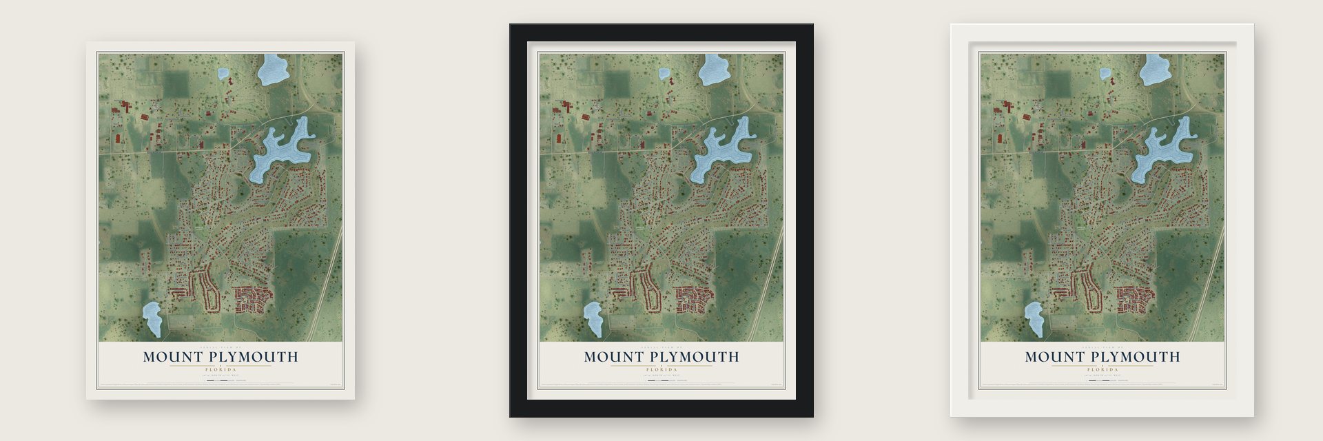 Mount Plymouth, Florida map unframed, in a black wood frame and in a white wood frame