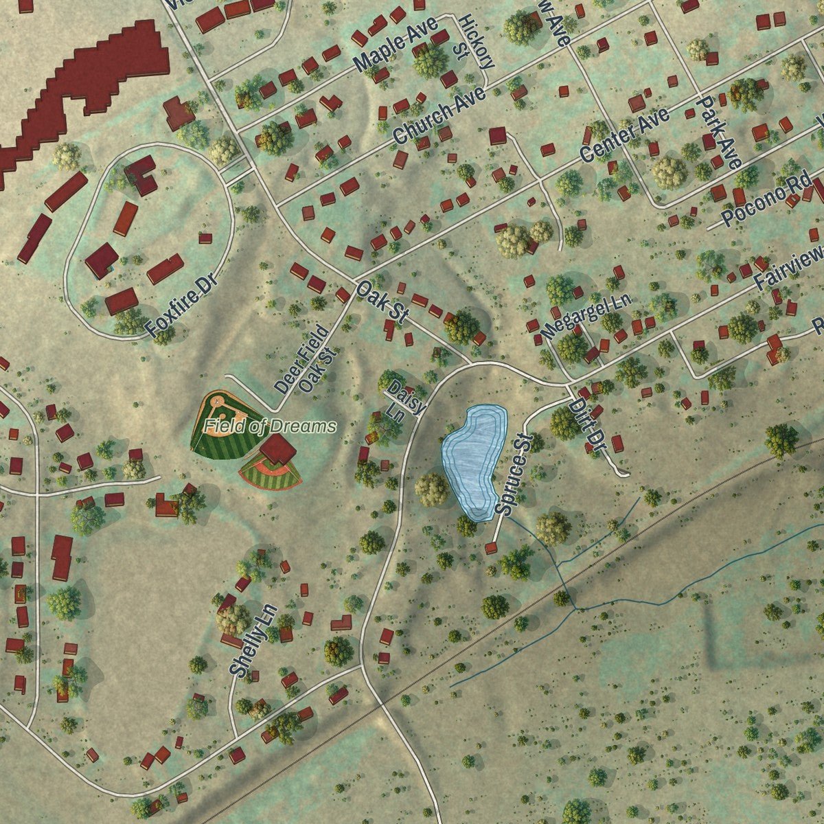 Second close-up of the map of Mount Pocono, Pennsylvania print showing more streets and buildings