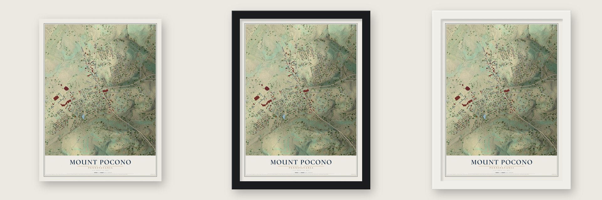 Mount Pocono, Pennsylvania map unframed, in a black wood frame and in a white wood frame