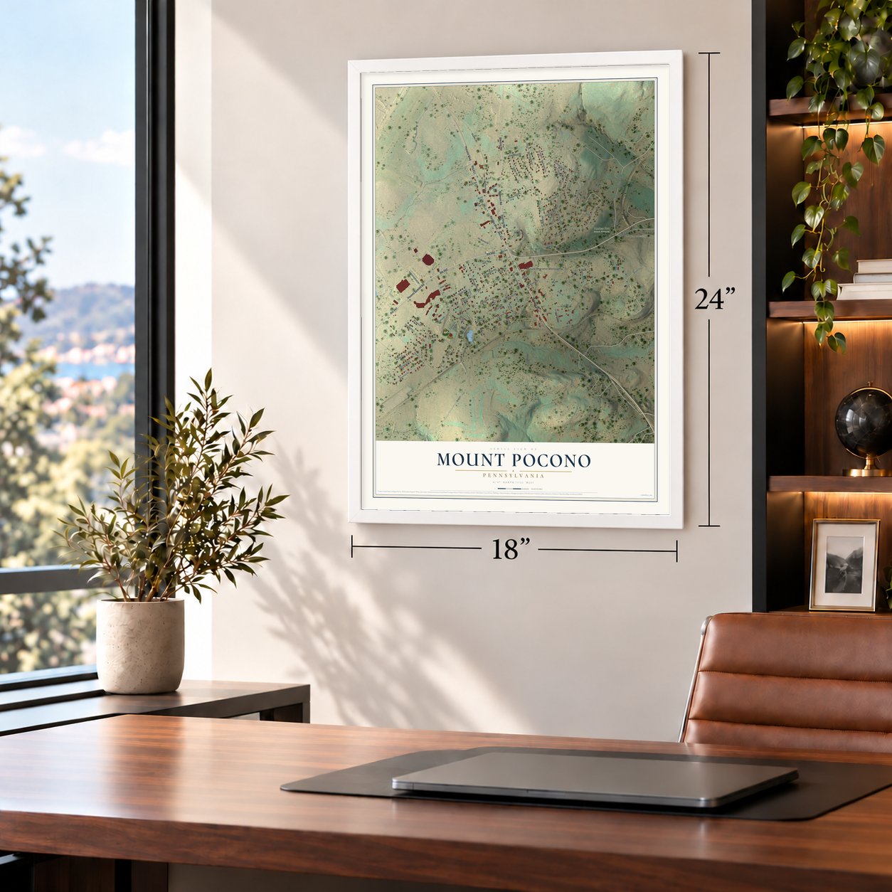 Mount Pocono, Pennsylvania map, 18 x 24 inch print in a white frame in a home office