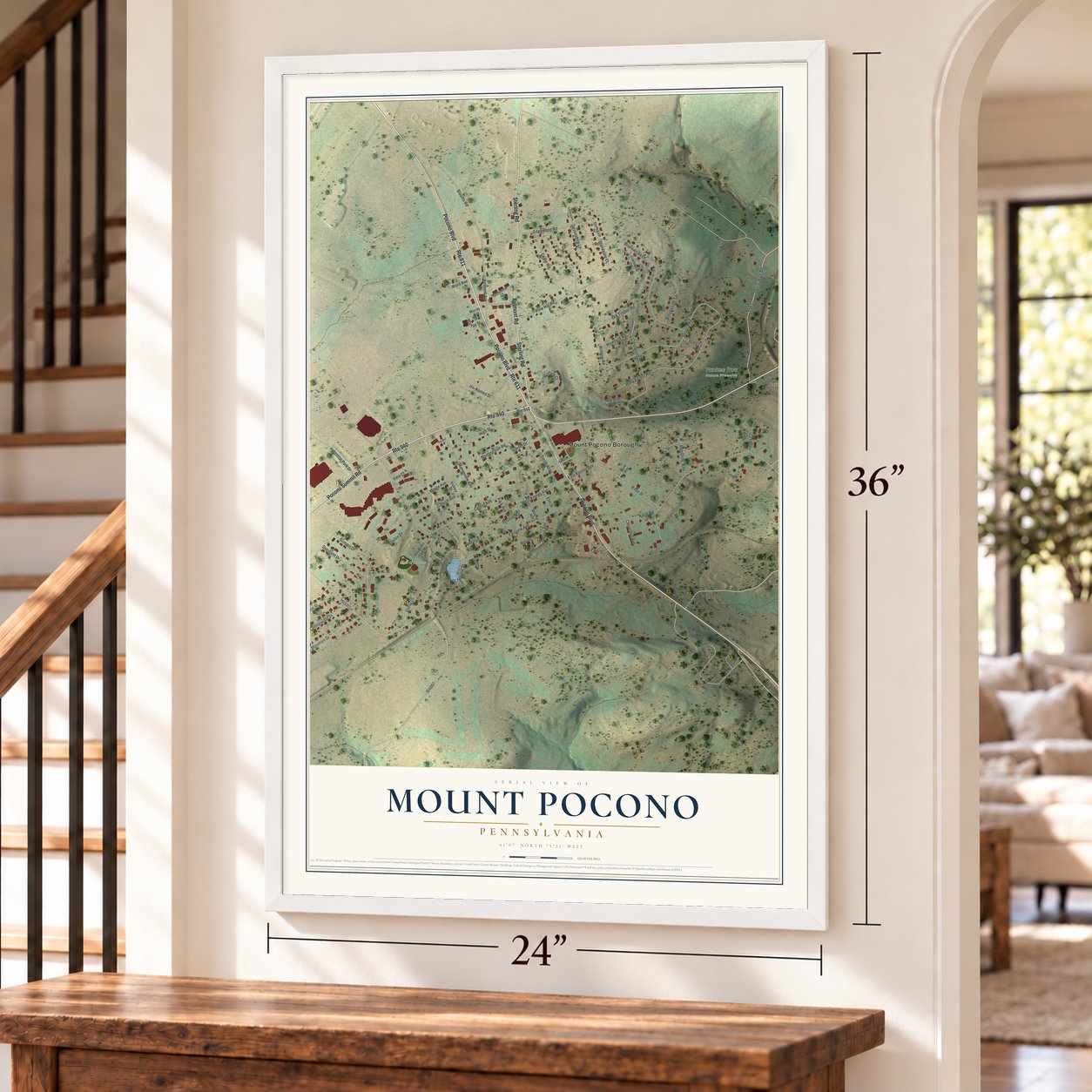 Mount Pocono, Pennsylvania map, 24 x 36 inch print in a white frame by a staircase