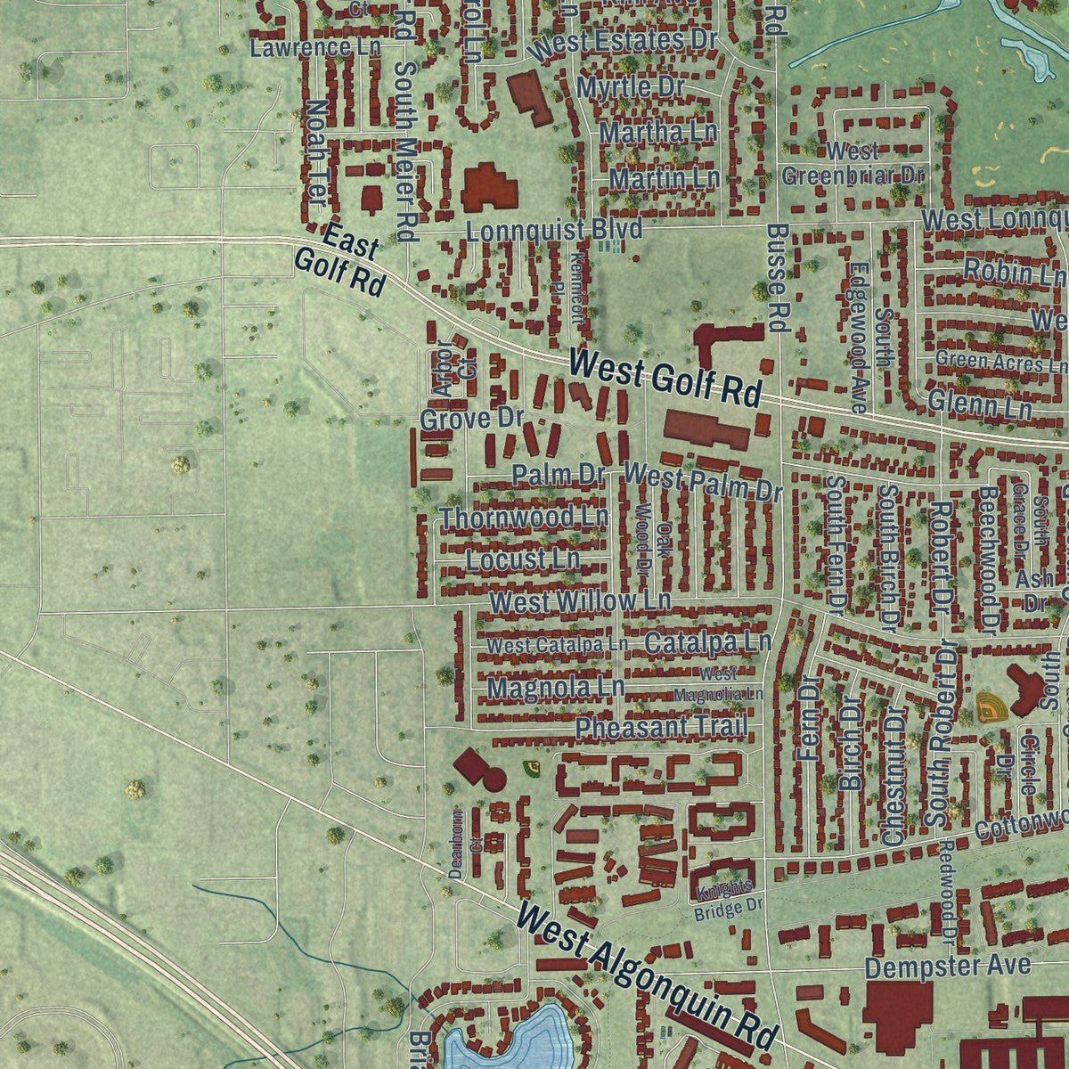 Second close-up of the map of Mount Prospect, Illinois print showing more streets and buildings