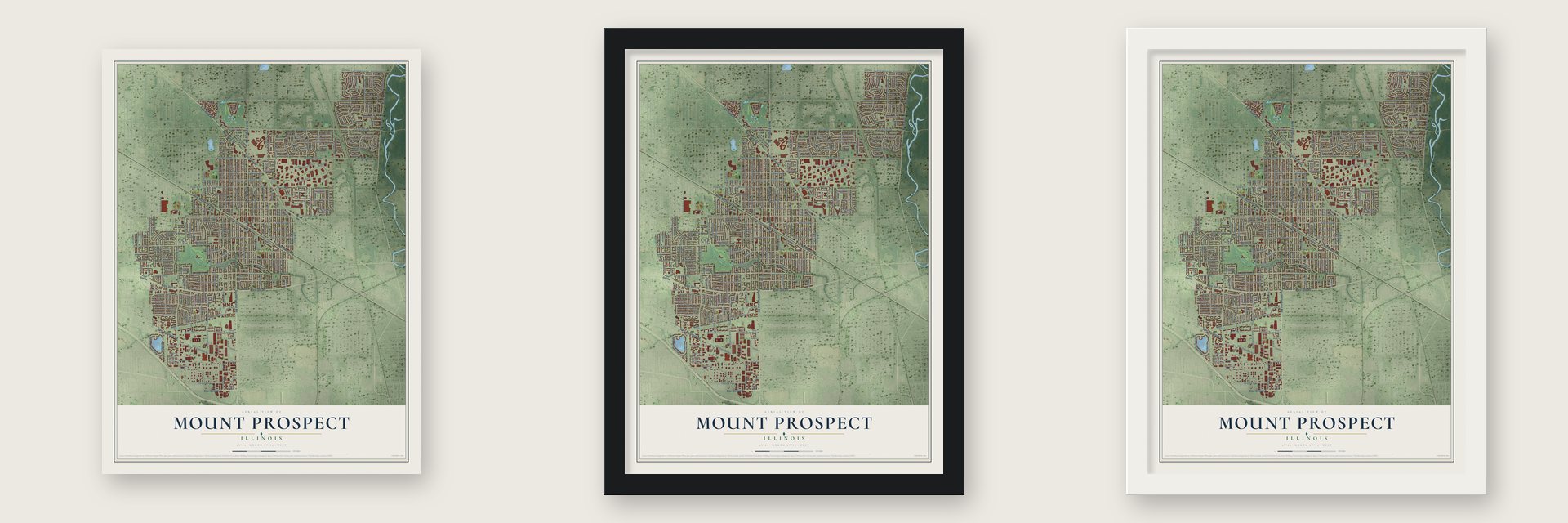 Mount Prospect, Illinois map unframed, in a black wood frame and in a white wood frame