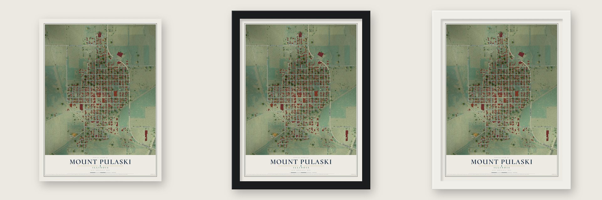 Mount Pulaski, Illinois map unframed, in a black wood frame and in a white wood frame