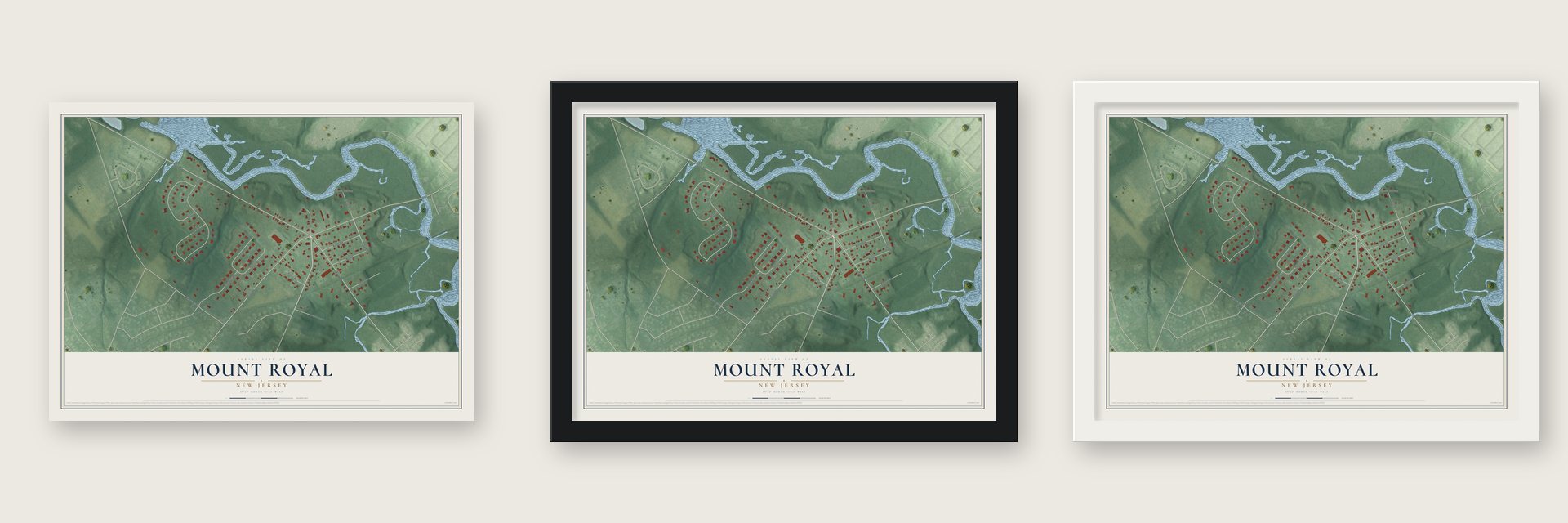 Mount Royal, New Jersey map unframed, in a black wood frame and in a white wood frame
