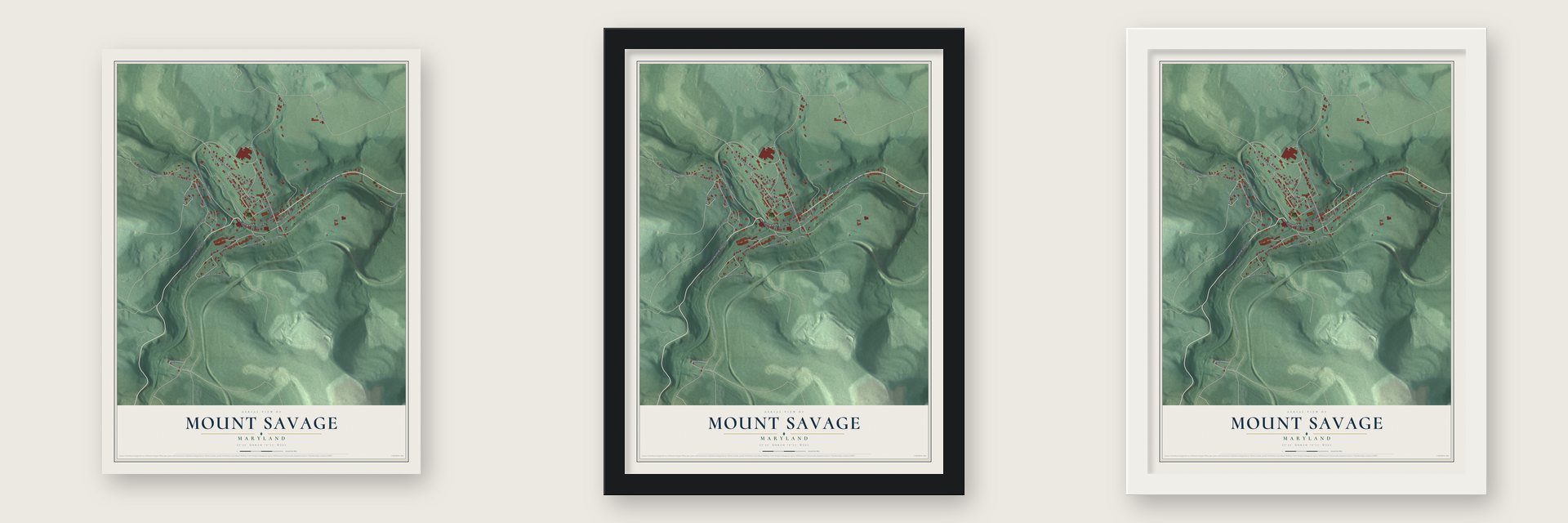 Mount Savage, Maryland map unframed, in a black wood frame and in a white wood frame